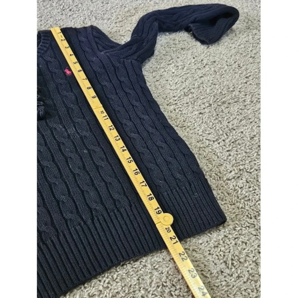 Ralph Lauren Cable Knit Ruffle Button Sweater Girl Size Large Navy Blue Cotton